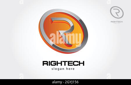 Right Tech Vector Logo Template. Letter `R` 3D vector icons logo with a circle. it`s a 3D vector logo with shiny effect, smart, and modernity. Stock Vector